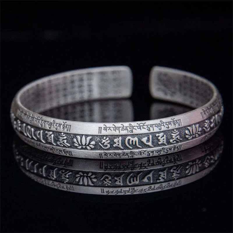 Mythstone Om Mani Padme Hum Heart Sutra Mantra Lotus Peace Meditation Cuff Bracelet Bangle - Image 2