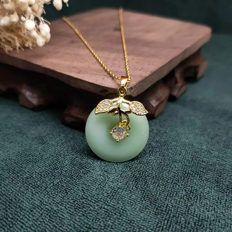 Mythstone Round Jade Leaf Blessing Fortune Necklace Chain Pendant - Image 5