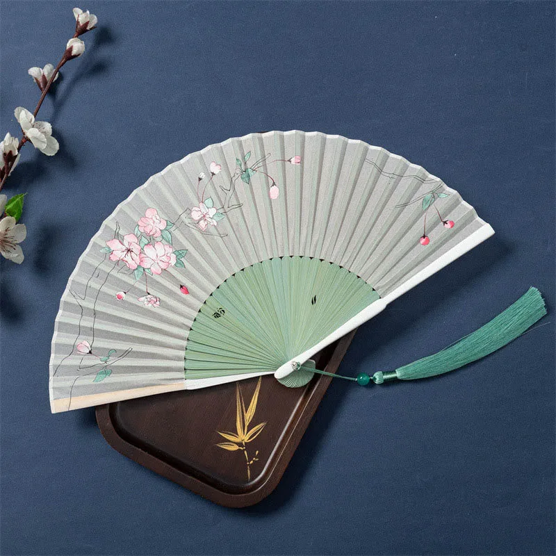 Mythstone Lotus Begonia Flower Jasmine Handheld Bamboo Folding Fan 21cm - Image 7