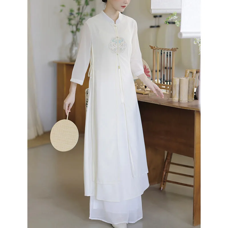 Mythstone Embroidery Chiffon Cheongsam Midi Dress Wide Leg Pants Meditation Zen Practice Clothing - Image 9