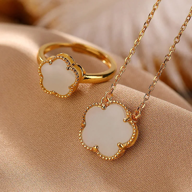 Mythstone 925 Sterling Silver Plated Gold Natural Hetian Jade Flower Luck Necklace Pendant Ring Set - Image 2