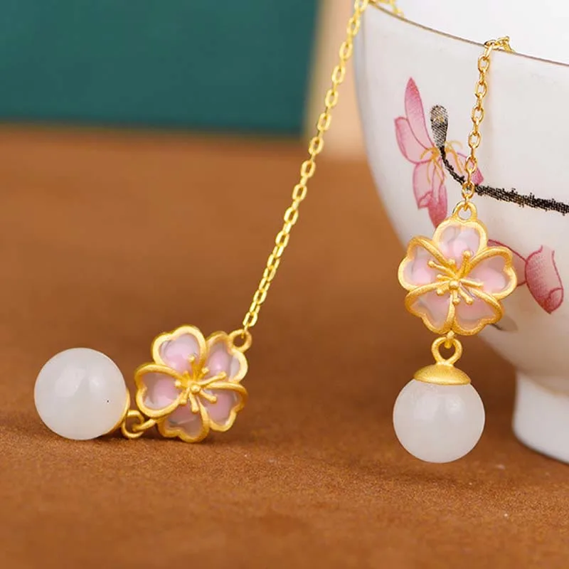 Mythstone 925 Sterling Silver Natural Hetian White Jade Cherry Blossom Sakura Luck Necklace Pendant Ring Earrings Set - Image 9