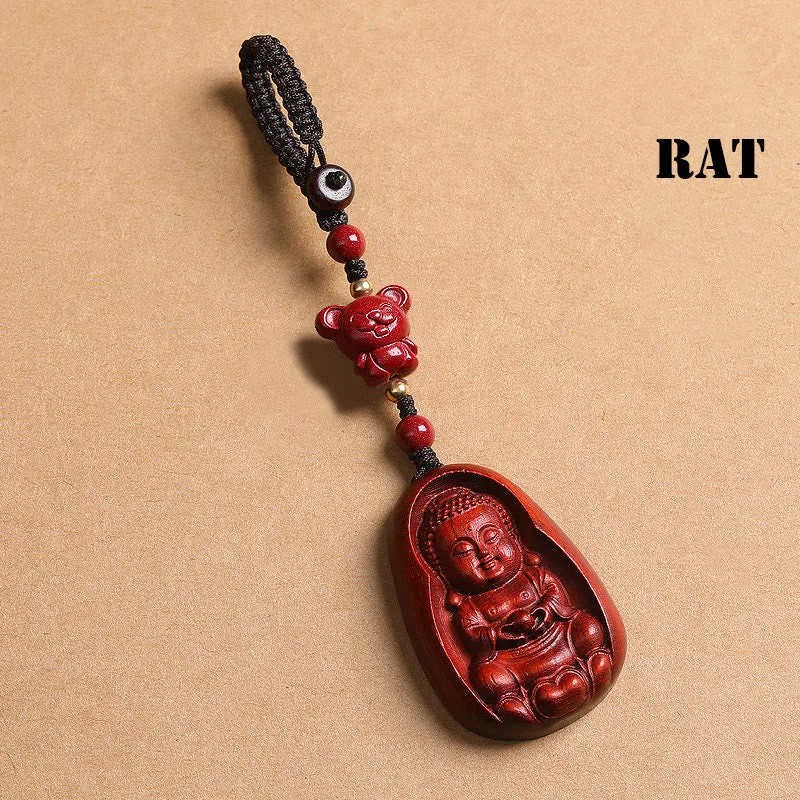 Mythstone Small Leaf Red Sandalwood Buddha Cinnabar Chinese Zodiac Amulet Protection Key Chain - Image 3