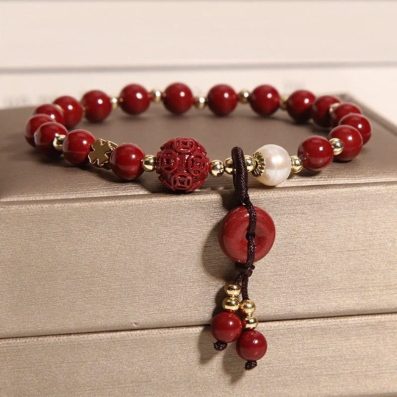 Mythstone Natural Cinnabar Peace Buckle Copper Coin Charm Blessing Bracelet - Image 3