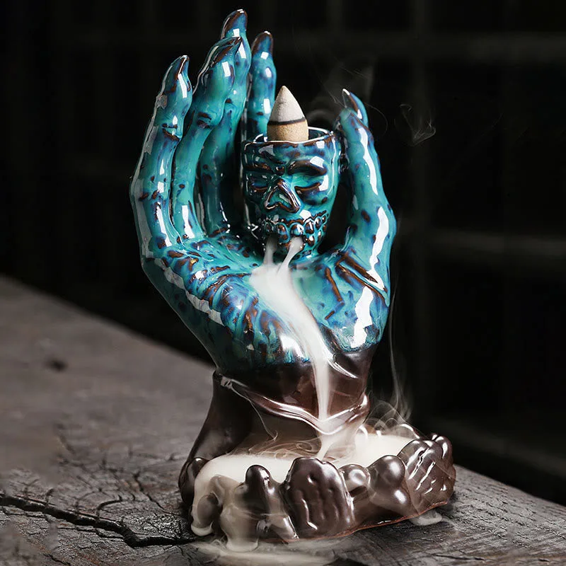 Mythstone Halloween Ghost Hand Skull Head Ceramic Peace Healing Incense Burner Decoration - Image 8