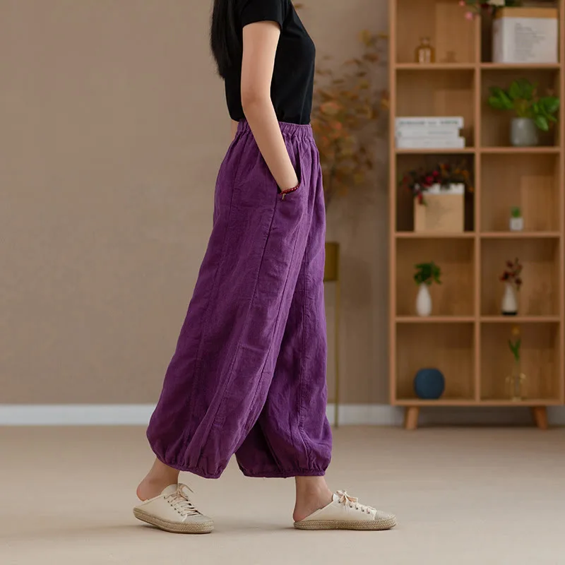 Mythstone Ramie Linen Flexible Waistband Yoga Harem Pants With Pockets - Image 6