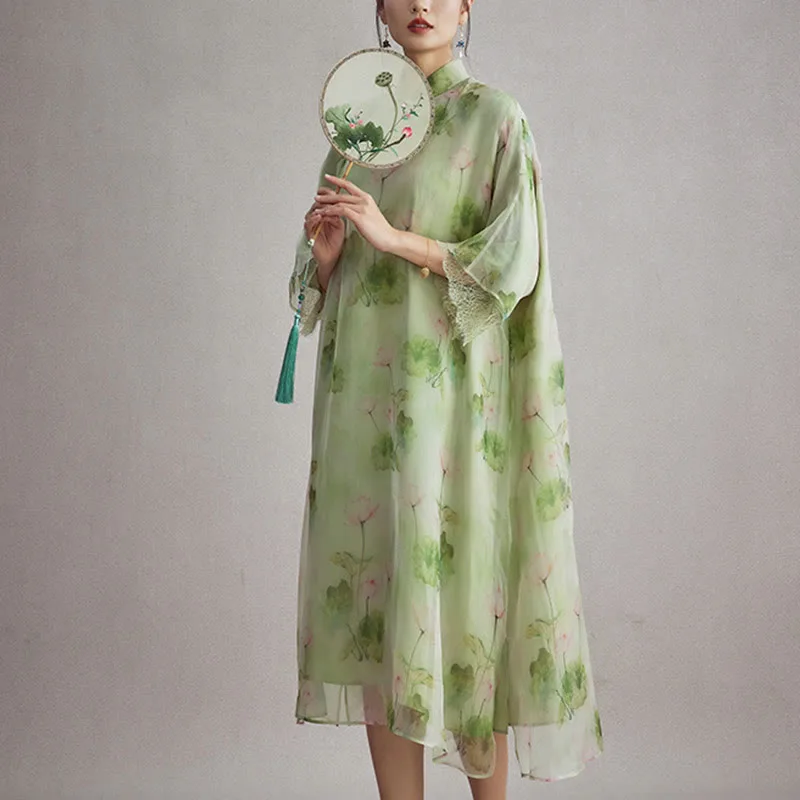 Mythstone 100% Mulberry Silk Organza Green Lotus Leaf Pink Lotus Print Qipao Cheongsam Dress - Image 6