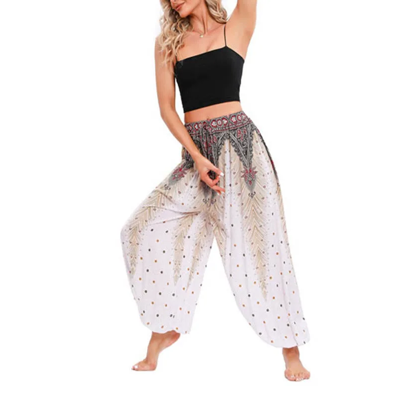 Mythstone Peacock Feather Pattern Loose Harem Trousers Women's Yoga Pants - Image 2