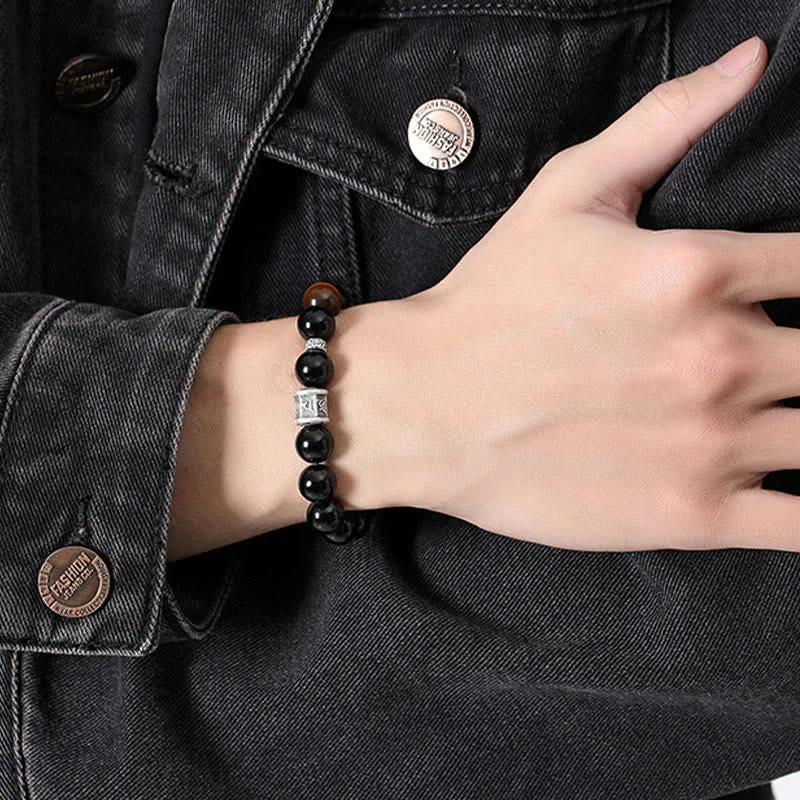 Mythstone 999 Sterling Silver Black Obsidian Tiger Eye Om Mani Padme Hum Fulfillment Bracelet - Image 8