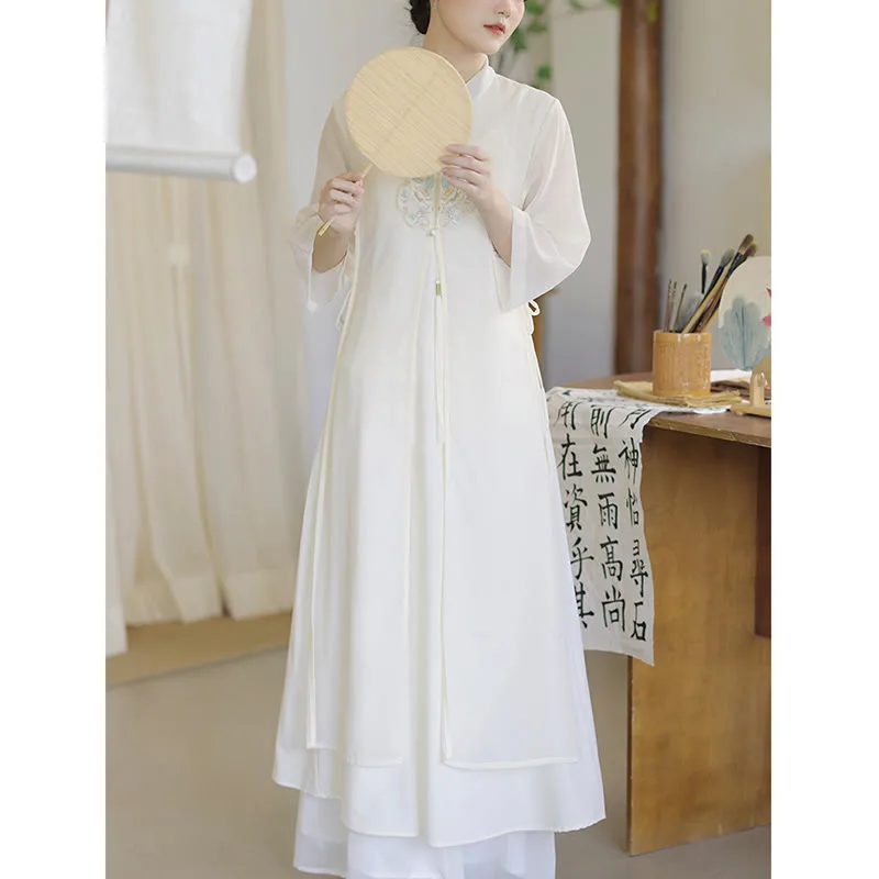 Mythstone Embroidery Chiffon Cheongsam Midi Dress Wide Leg Pants Meditation Zen Practice Clothing - Image 8