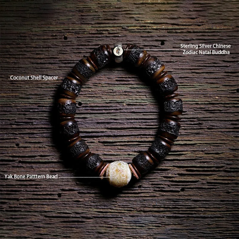 Mythstone 925 Sterling Silver Chinese Zodiac Natal Buddha Handmade Tibet Yak Bone Strength Bracelet - Image 19