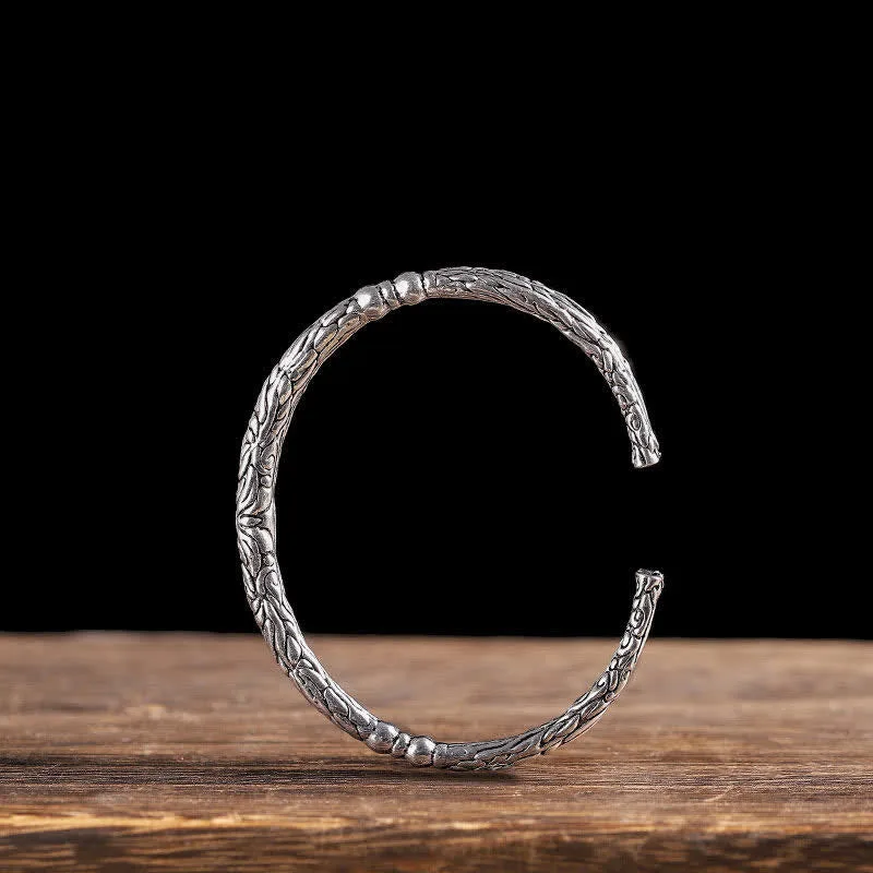 Mythstone Flower Dragon Pattern Engraved Balance Cuff Bracelet Bangle - Image 2