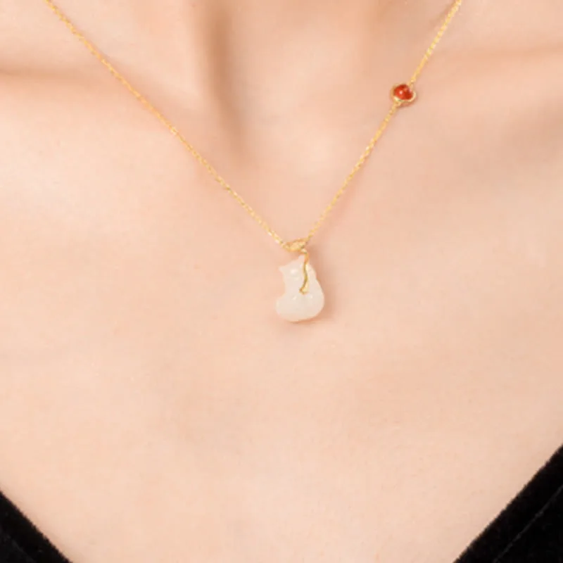 Mythstone 925 Sterling Silver Plated 18K Gold Hetian Jade Ruyi Cat Cinnabar Luck Bracelet Necklace Pendant Set - Image 7