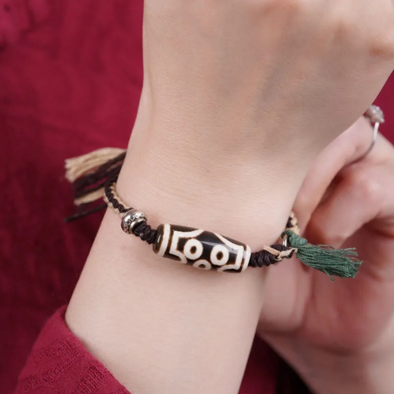 Mythstone Handcrafted Tibetan Nine-Eye Dzi Bead Blessings Rope Bracelet - Image 7