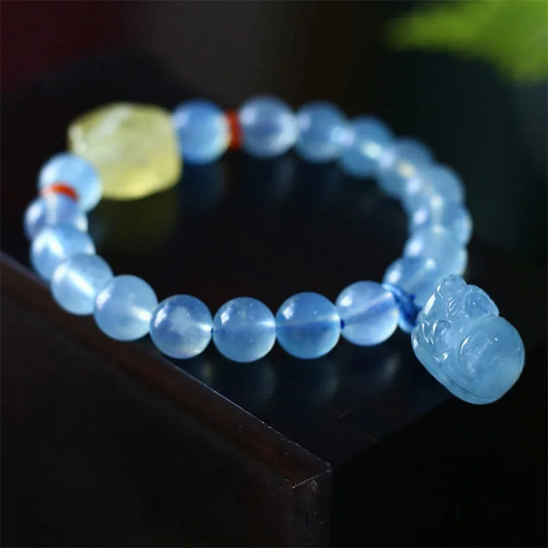 Mythstone Natural Aquamarine Amber Pixiu Peace Healing Charm Bracelet - Image 6