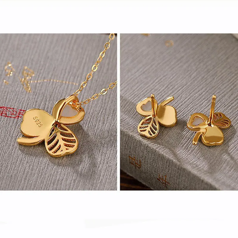 Mythstone 925 Sterling Silver Plated Gold Hetian Jade Luck Shamrock Clover Necklace Pendant Earrings - Image 9