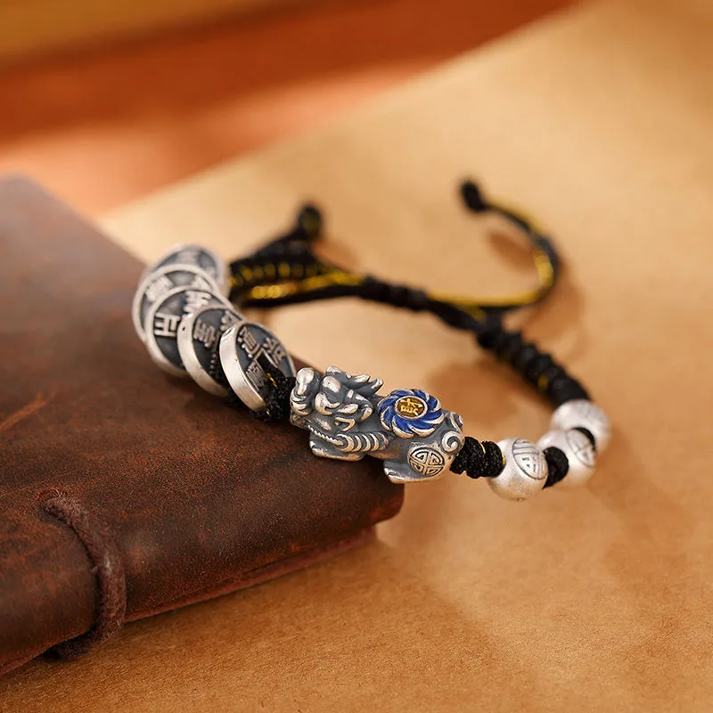 Mythstone 999 Sterling Silver FengShui PiXiu Copper Coin Fu Character Wealth Braided Bracelet - Image 3