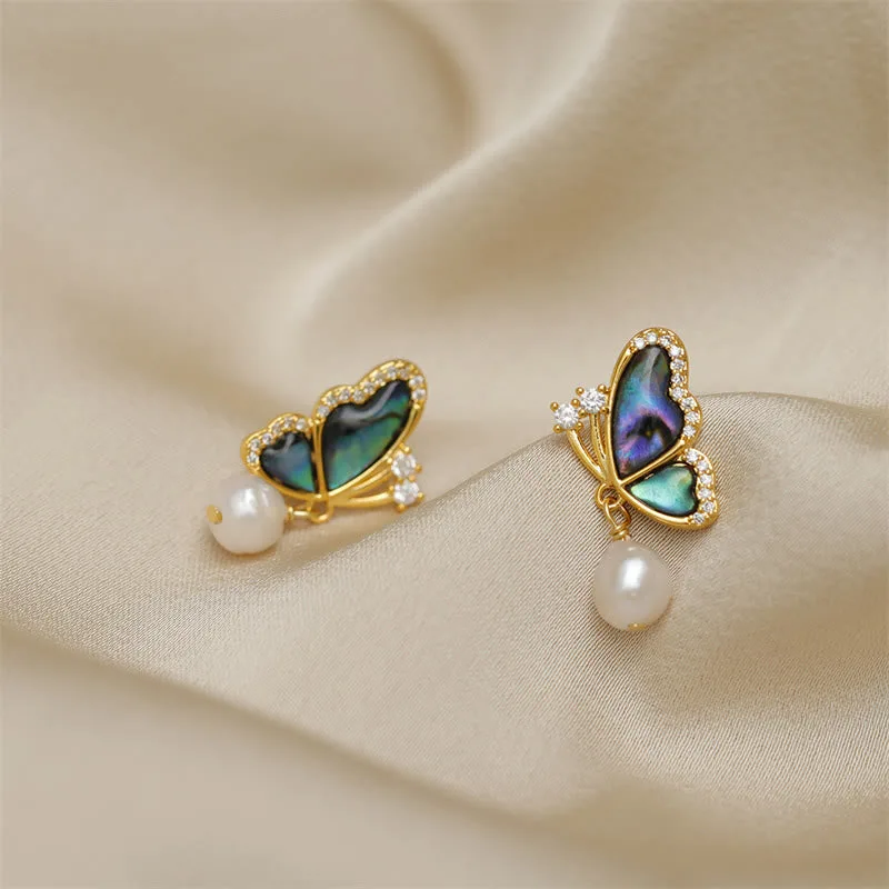 Mythstone 18K Gold Plated Copper Pearl Butterfly Love Stud Earrings - Image 4
