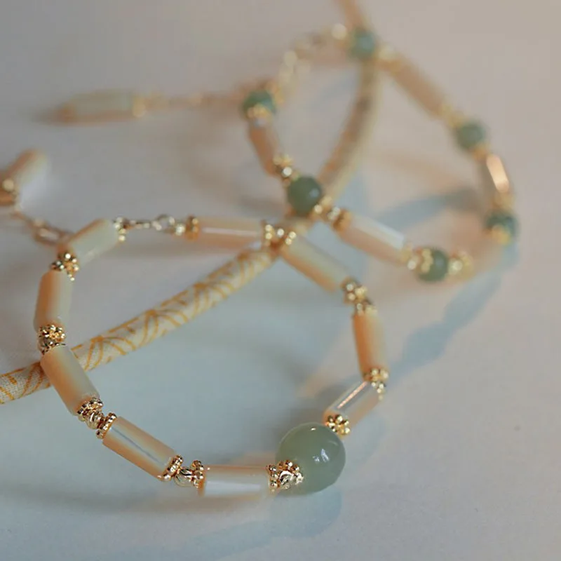 Mythstone 14K Gold Plated Tridacna Stone Hetian Jade Bead Bamboo Pattern Bracelet - Image 7