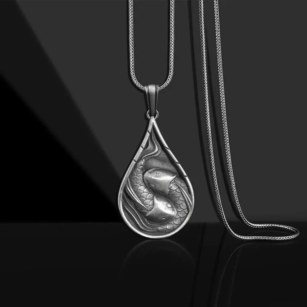 Mythstone - Double Lucky Koi Fish Prosperity Pure Tin Water Drop Pattern Necklace Pendant