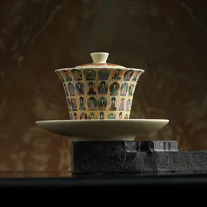 Mythstone Dunhuang Color Thousand Buddhas Flying Apsaras Pattern Gaiwan Teacup Kung Fu Tea Cup With Lid