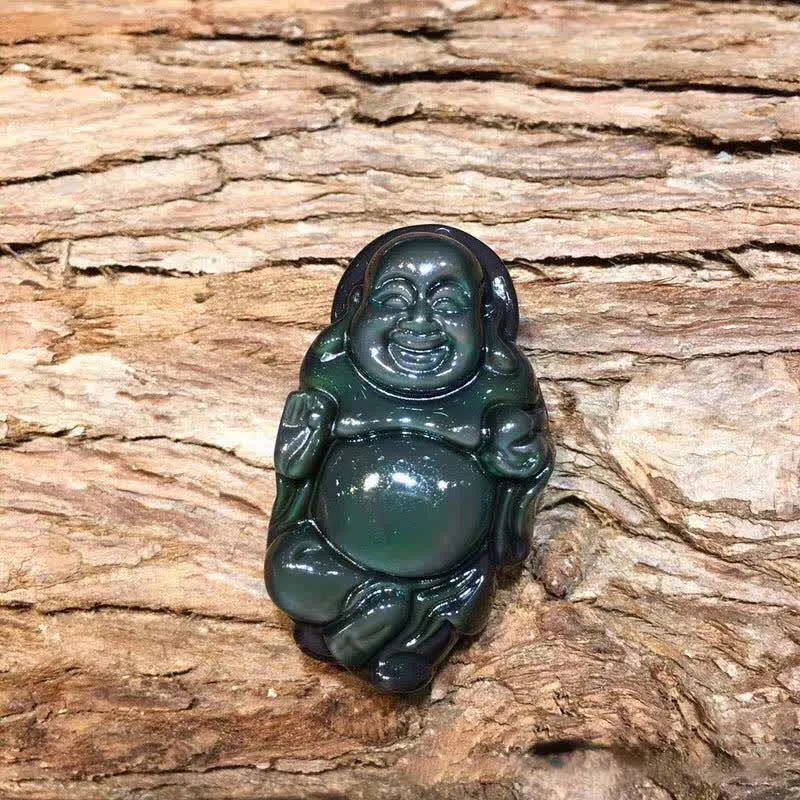 Natural Rainbow Obsidian Laughing Buddha Inner Peace Necklace Pendant - Image 9