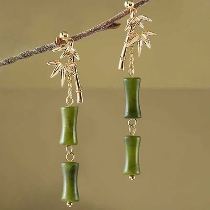 Mythstone 925 Sterling Silver Posts Copper Plated Gold Natural Peridot Bamboo Leaf Drop Earrings - Image 7