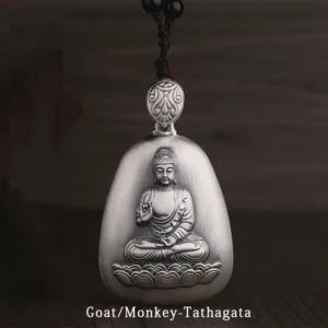 Mythstone 999 Sterling Silver Chinese Zodiac Natal Buddha Heart Sutra Engraved Protection Necklace Pendant
