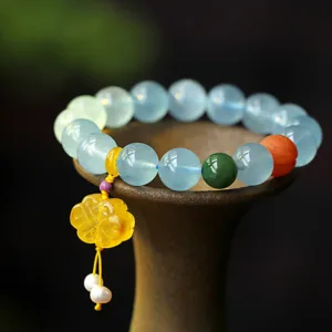Mythstone Natural Aquamarine Amber Chinese Knotting Charm Peace Bracelet