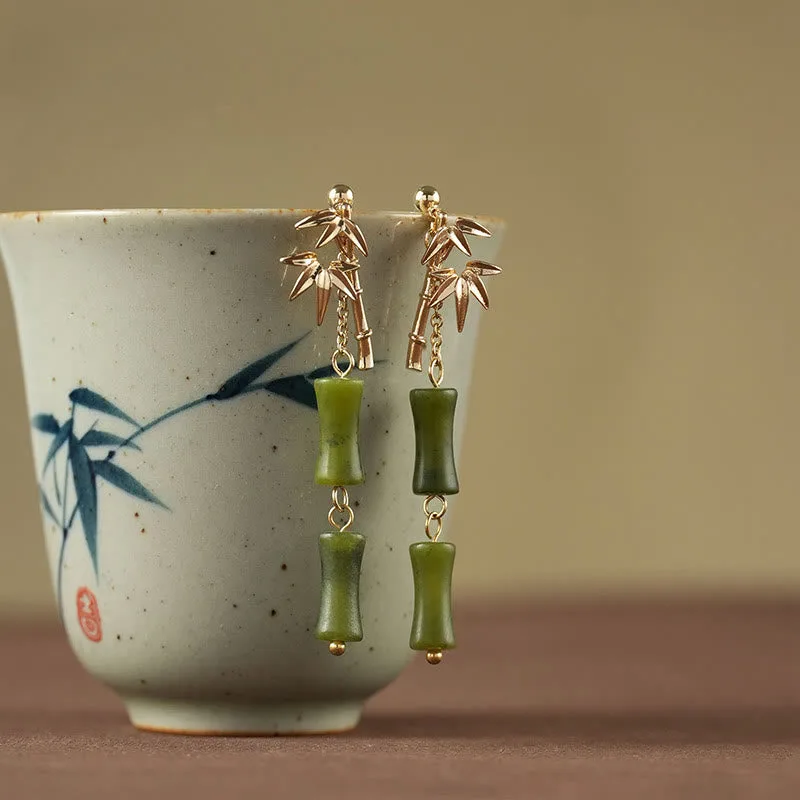 Mythstone 925 Sterling Silver Posts Copper Plated Gold Natural Peridot Bamboo Leaf Drop Earrings - Image 2