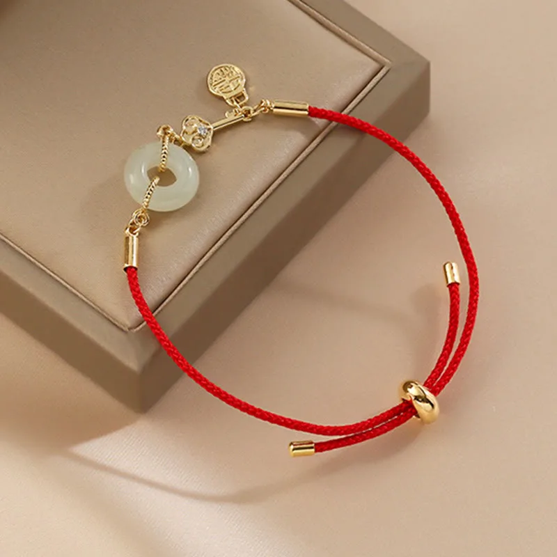 Mythstone 18K Gold Plated Hetian Jade Peace Buckle Fu Character Luck Red Rope Bracelet - Image 9