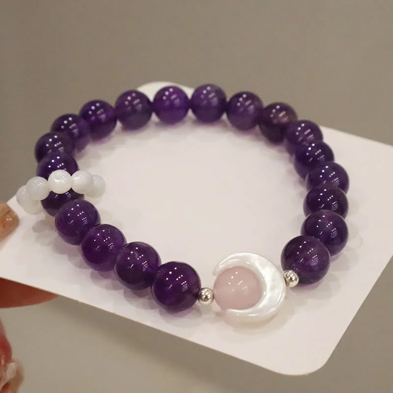 Mythstone 925 Sterling Silver Natural Amethyst Aquamarine Pink Crystal Cat's Eye Healing Crescent Moon Bracelet - Image 5