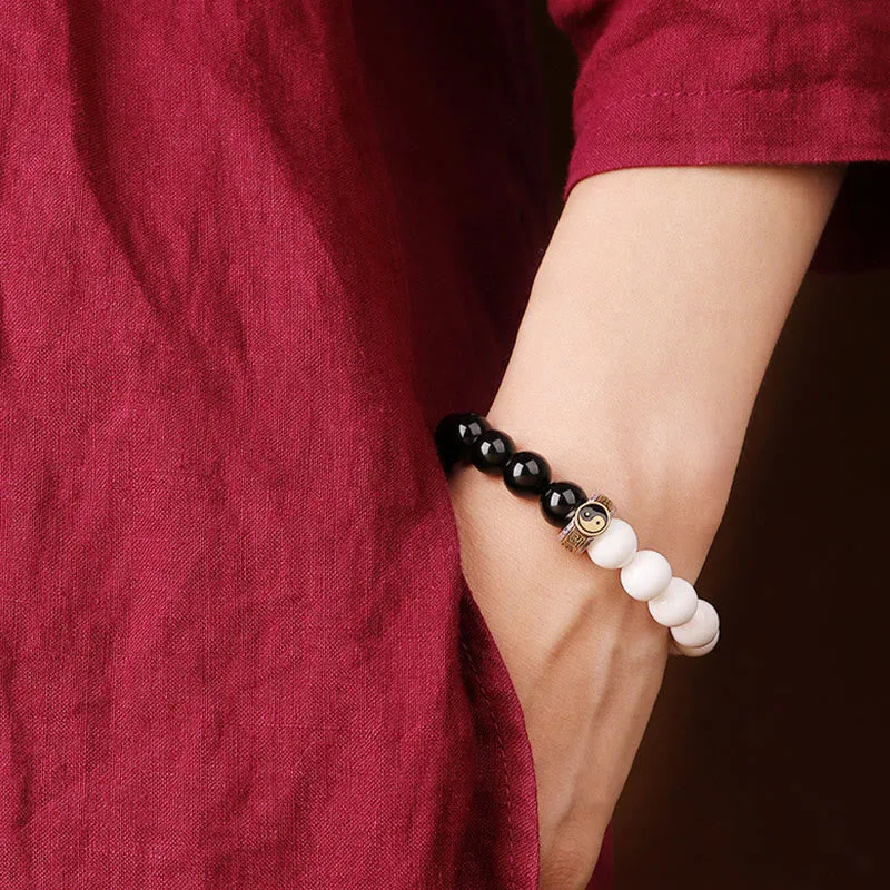 Mythstone 925 Sterling Silver Black Obsidian White Shell Yin Yang Strength Bracelet - Image 14