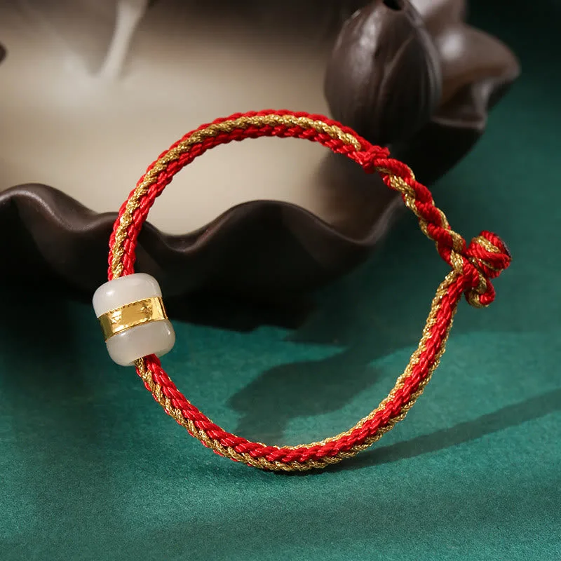 Mythstone 999 Gold Hetian White Jade Om Mani Padme Hum Fu Character Luck Braided Bracelet - Image 3