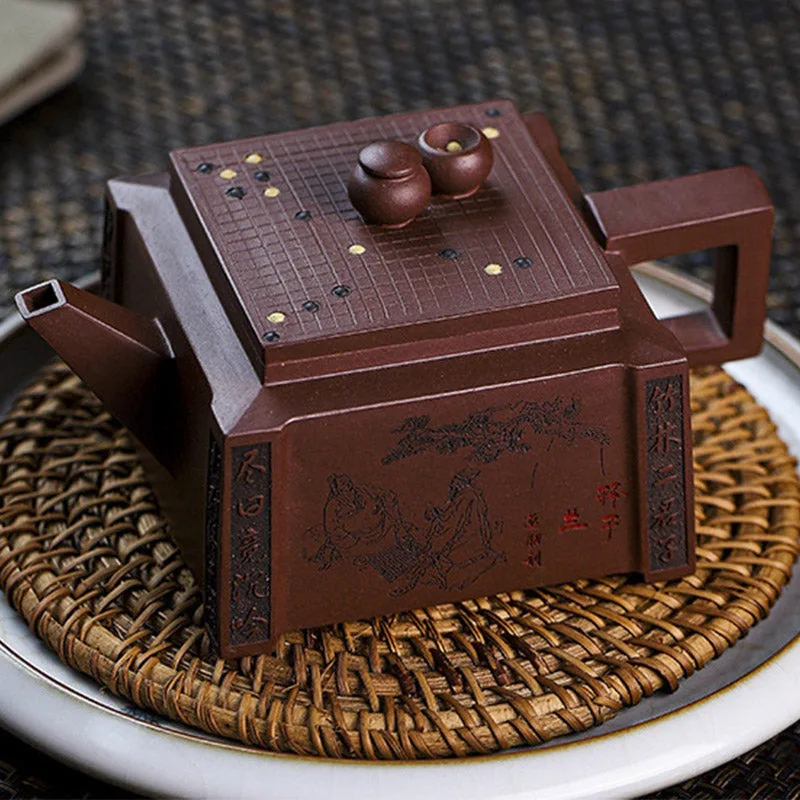 Mythstone Yixing All Handmade Gomoku Playing Chess Purple Clay Kung Fu Square Teapot 280ml - Image 24