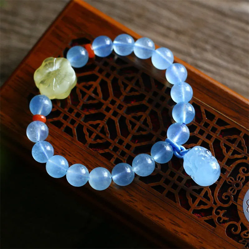 Mythstone Natural Aquamarine Amber Pixiu Peace Healing Charm Bracelet - Image 2