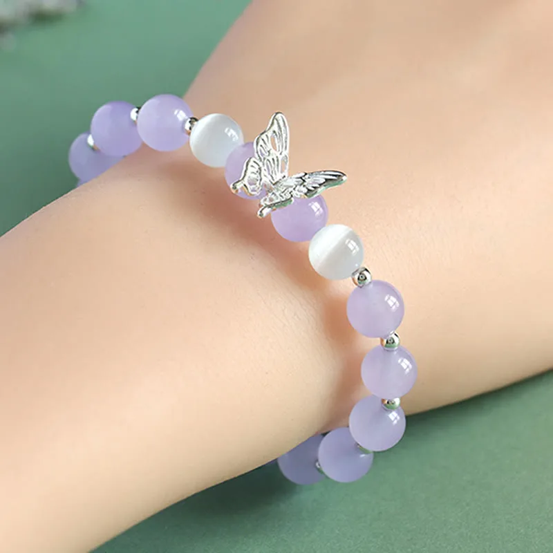 Mythstone Blue Chalcedony Pink Crystal Purple Chalcedony Butterfly Energy Bracelet - Image 9