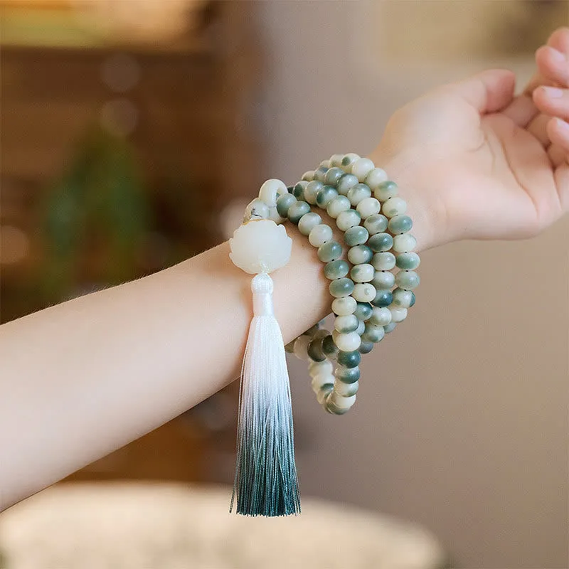 Mythstone Natural 108 Mala Beads Bodhi Seed Lotus Engraved Wisdom Tassel Bracelet - Image 2