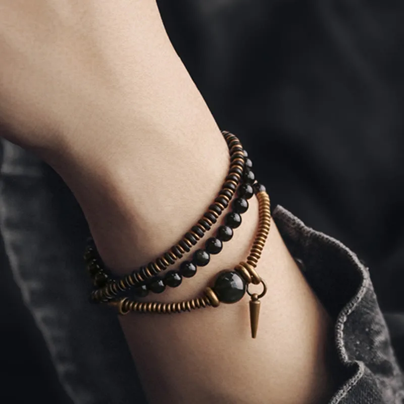 Mythstone Rainbow Obsidian Ebony Wood Copper Healing Triple Wrap Bracelet - Image 5