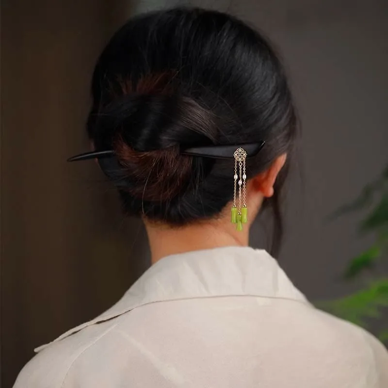 Mythstone Natural Peridot Ebony Wood Love Tassels Hairpin - Image 6