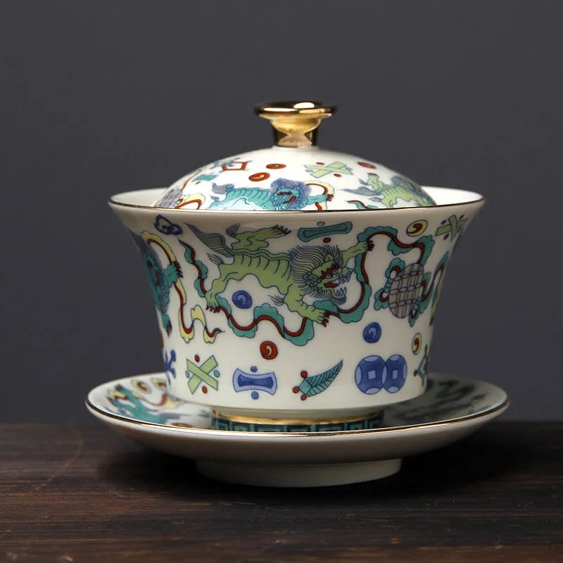 Mythstone Retro Plum Blossom Pine Bamboo Phoenix Kirin Ceramic Gaiwan Sancai Teacup Kung Fu Tea Cup and Saucer with Lid - Image 12