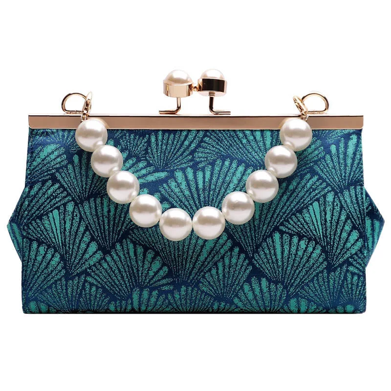 Mythstone Vintage Peacock Blue Leaf Pattern Pearl Metal Handbag - Image 11