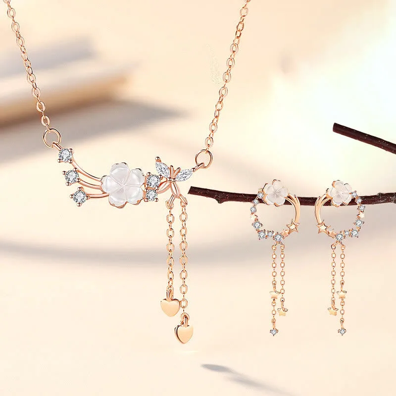 Mythstone 925 Sterling Silver Flower Butterfly Love Necklace Pendant Earrings Set - Image 2