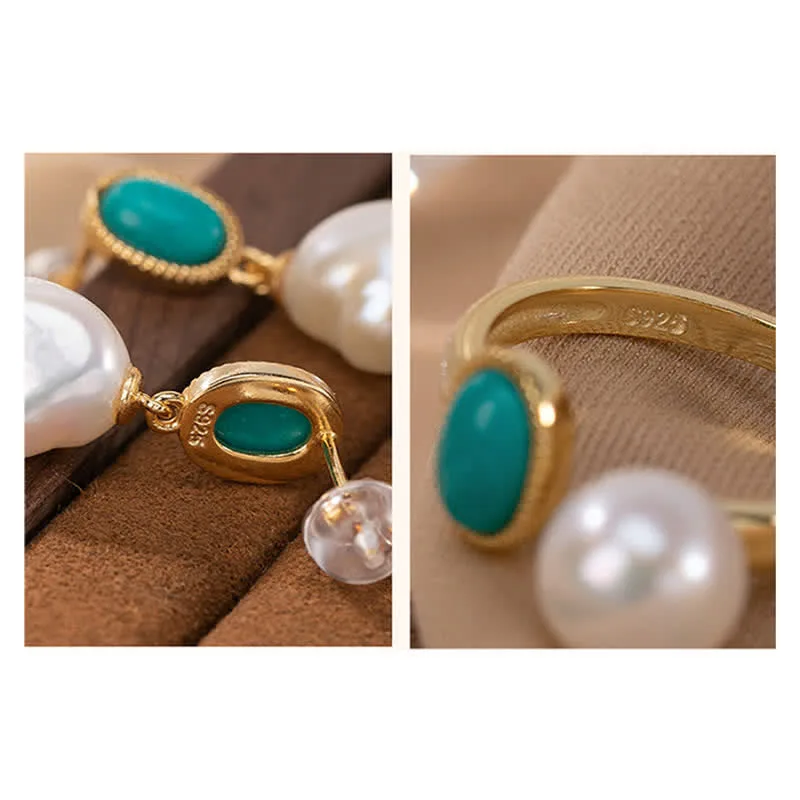 Mythstone 925 Sterling Silver Pearl Turquoise Healing Ring Earrings Necklace Pendant - Image 5