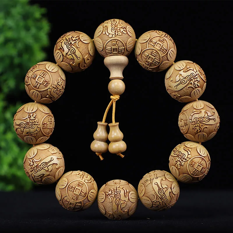 Mythstone Chinese Zodiac Rosewood Ebony Boxwood Copper Coin PiXiu Carved Warmth Bracelet - Image 12