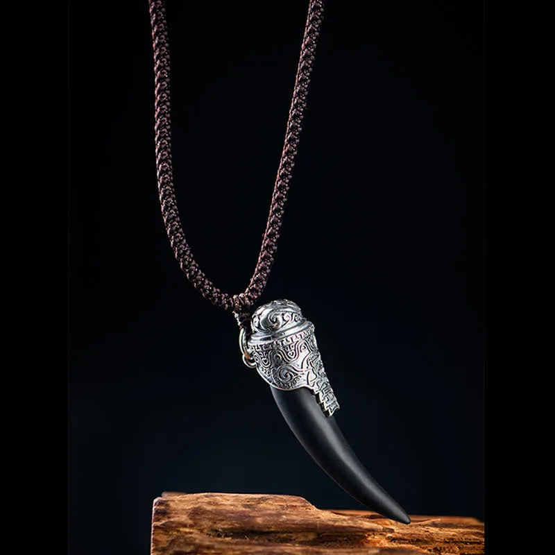 Mythstone 925 Sterling Silver Black Obsidian Wolf Tooth Pattern Strength Necklace Pendant - Image 6