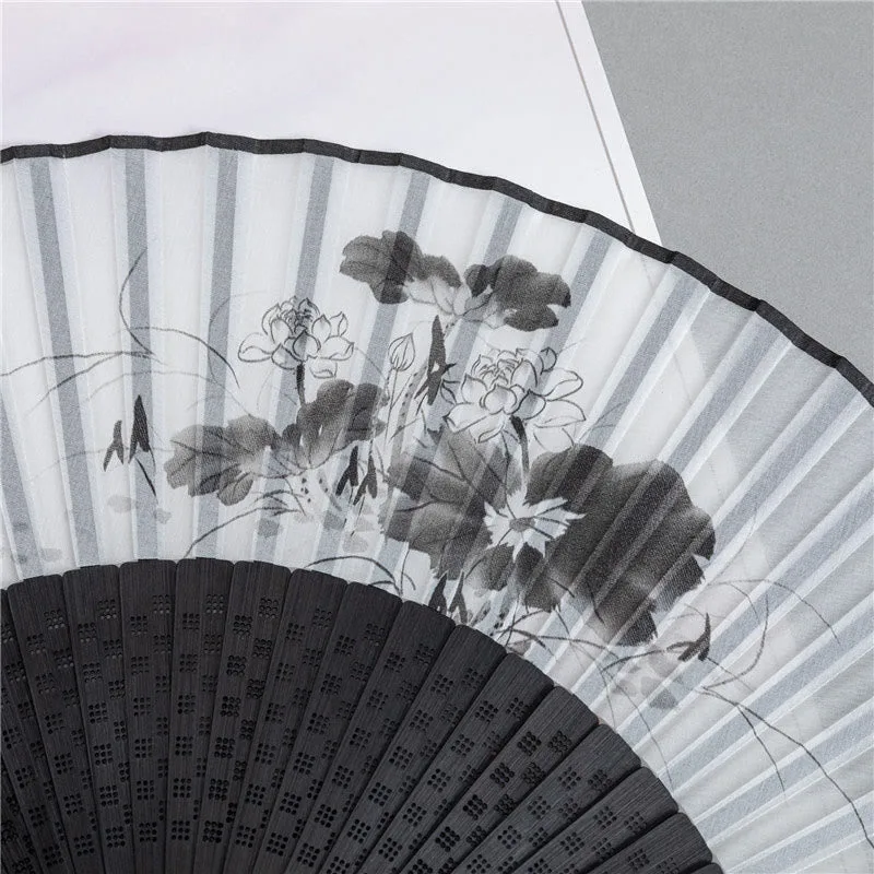 Mythstone Mountains Plum Blossom Lotus Magpie Bamboo Leaves Handheld Silk Bamboo Folding Fan 22.5cm - Image 5