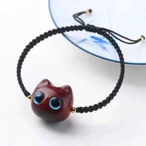 Mythstone Small Leaf Red Sandalwood Ebony Wood Cute Cat Head Calm Protection Braided Bracelet