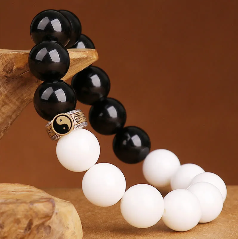Mythstone 925 Sterling Silver Black Obsidian White Shell Yin Yang Strength Bracelet - Image 3