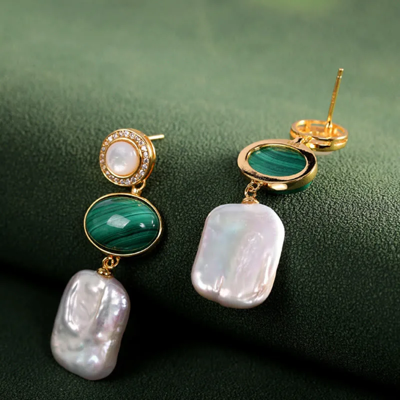 Mythstone 925 Sterling Silver Natural Baroque Pearl Malachite Healing Wisdom Drop Earrings - Image 3
